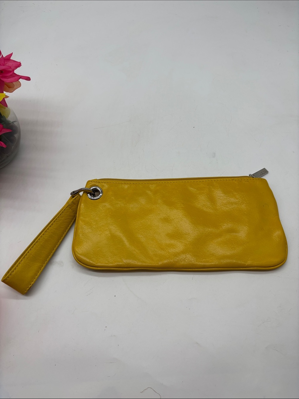 Yellow Leather Wristlet Clutch - Sleek Everyday Bag as is condition